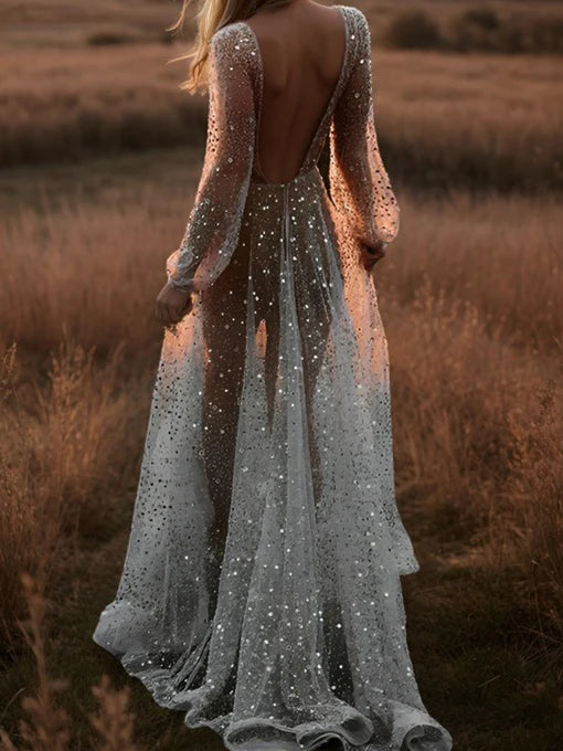 Wholesale A-Line/Princess V-Neck Floor-Length Sequins Wedding Dress